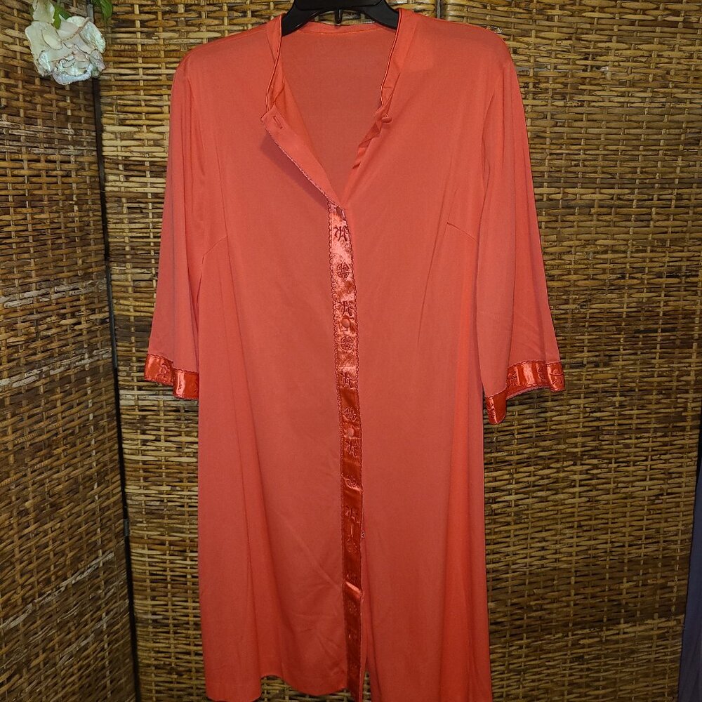 VTG Lorraine Coral Button Front Robe Asian Design on Trim SZ Large Pockets